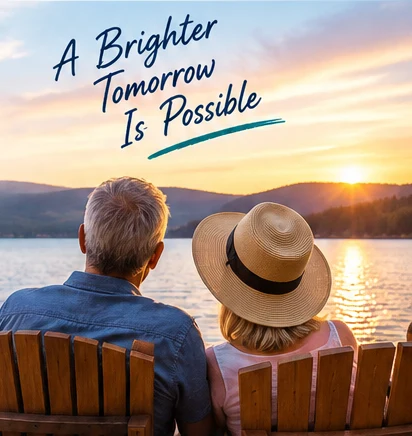 Retired couple relaxing in Adirondack chairs by a lake at sunset: A Brighter Tomorrow Is Possible