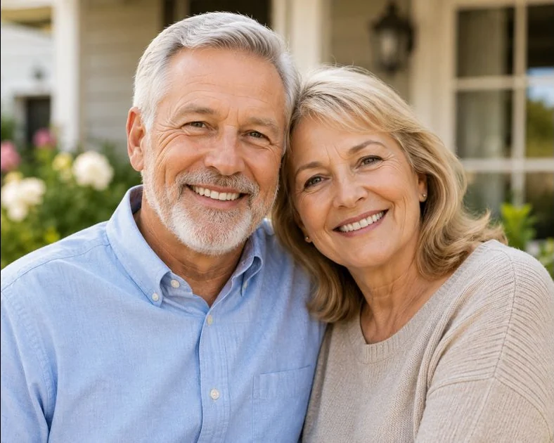 Smiling couple in their 60s outside their home, at peace knowing their final expenses are covered